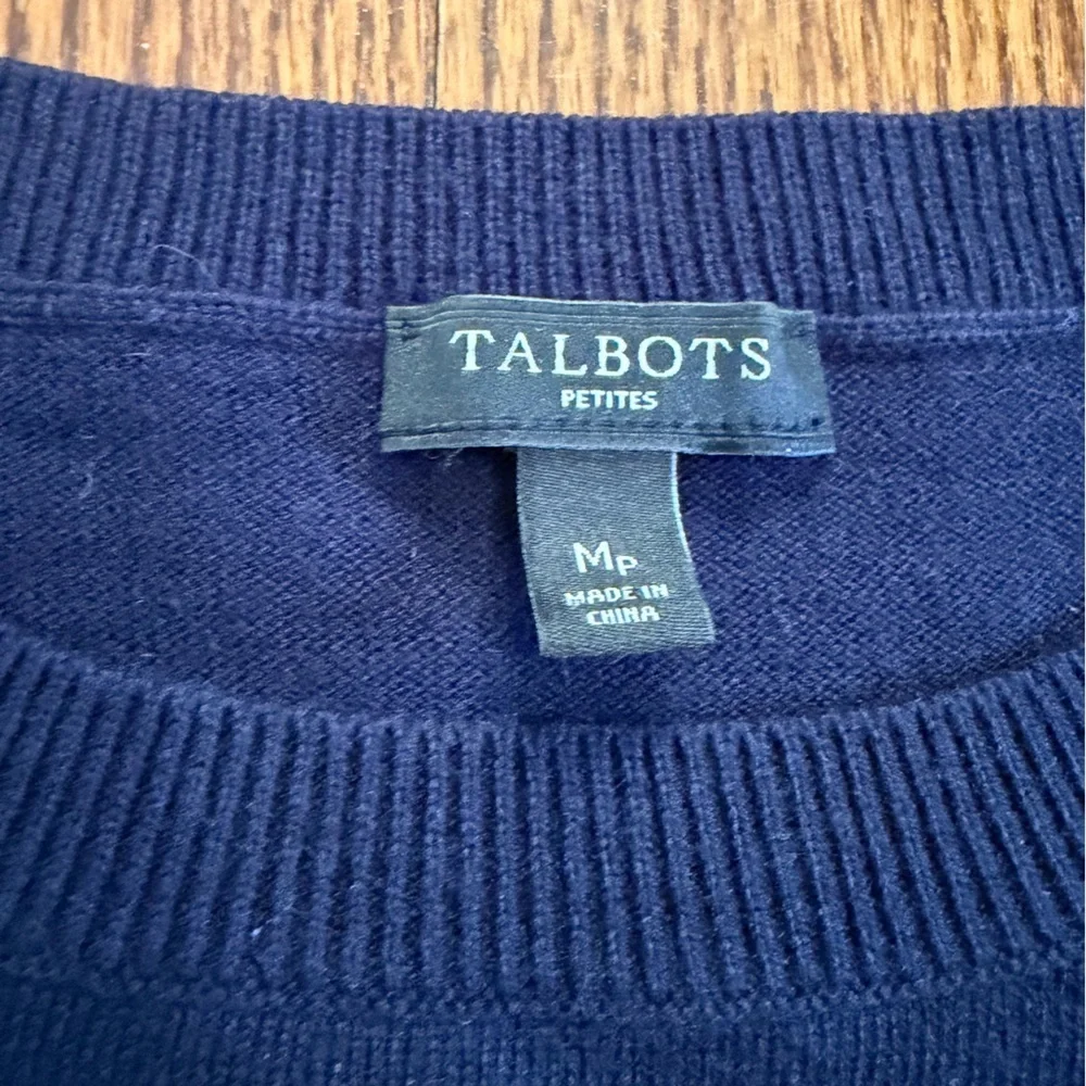 Talbots Petites Navy Lightweight Sweater Embroidered Feathers Size MP